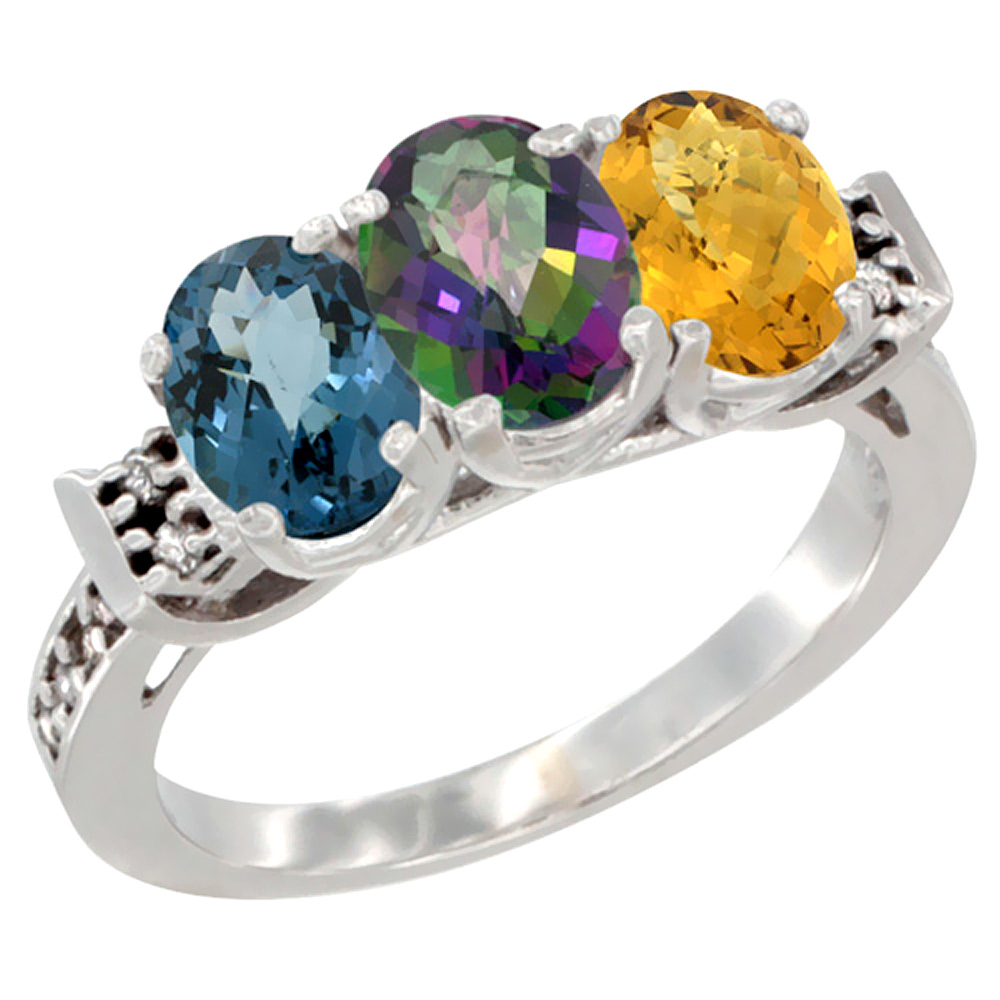 14K White Gold Natural London Blue Topaz, Mystic Topaz & Whisky Quartz Ring 3-Stone 7x5 mm Oval Diamond Accent, sizes 5 - 10