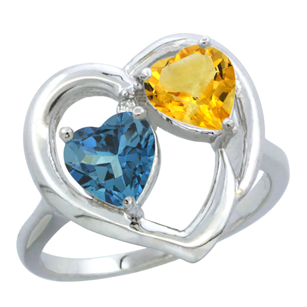 14K White Gold Diamond Two-stone Heart Ring 6mm Natural London Blue Topaz & Citrine, sizes 5-10