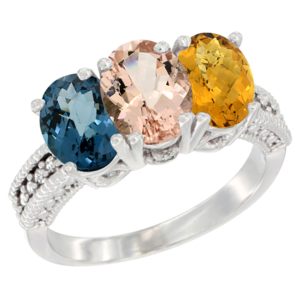 10K White Gold Natural London Blue Topaz, Morganite & Whisky Quartz Ring 3-Stone Oval 7x5 mm Diamond Accent, sizes 5 - 10