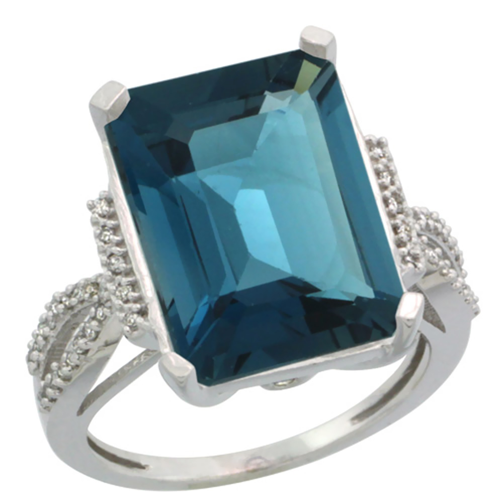 10K White Gold Diamond Natural London Blue Topaz Ring Emerald-cut 16x12mm, sizes 5-10