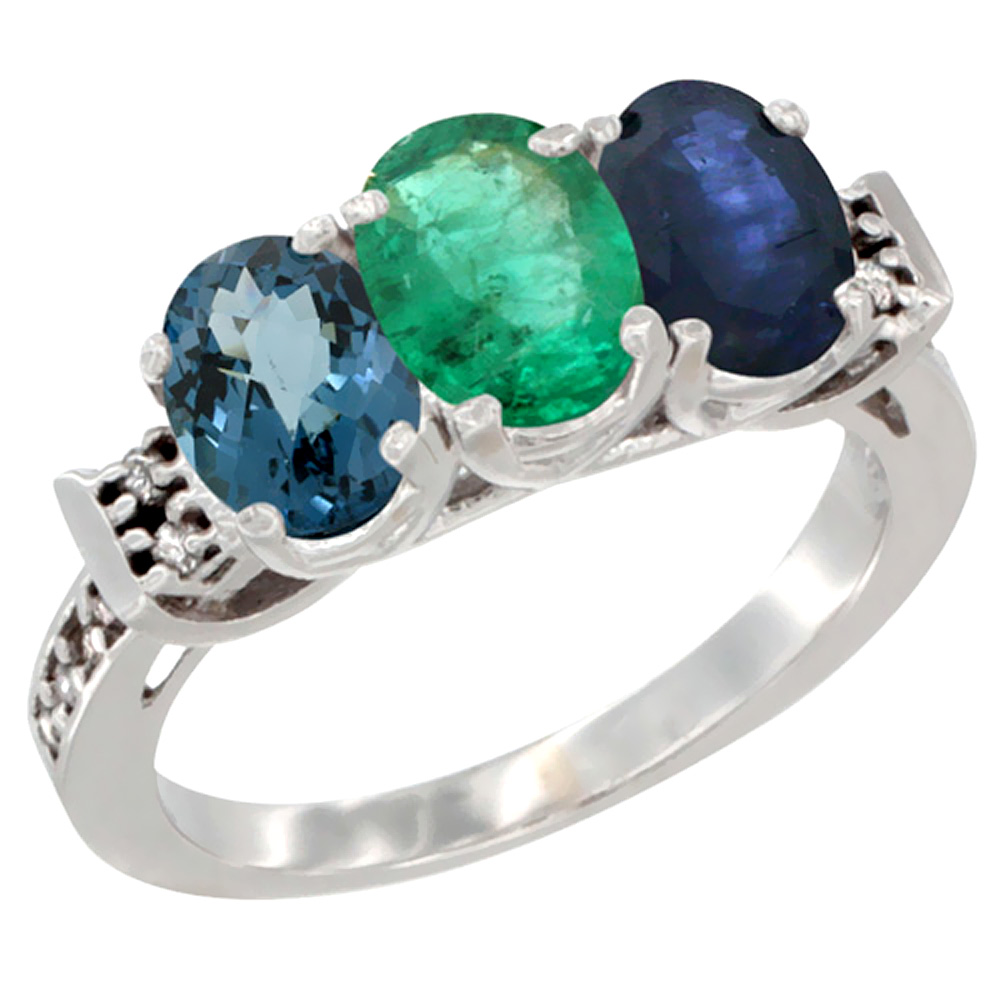 14K White Gold Natural London Blue Topaz, Emerald & Blue Sapphire Ring 3-Stone 7x5 mm Oval Diamond Accent, sizes 5 - 10