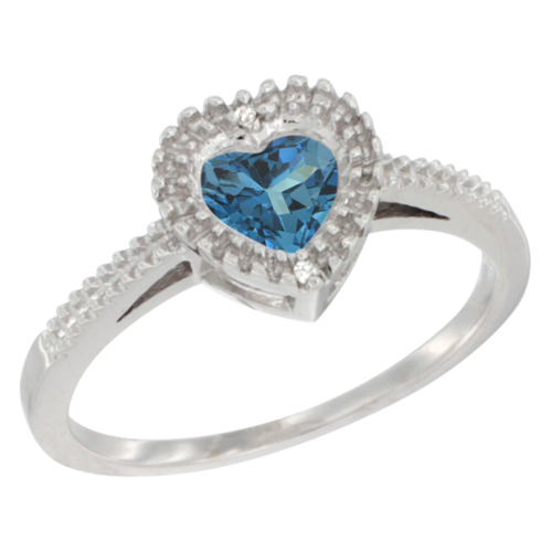 10K White Gold Natural London Blue Topaz Ring Heart 6x6 mm, sizes 5 - 10