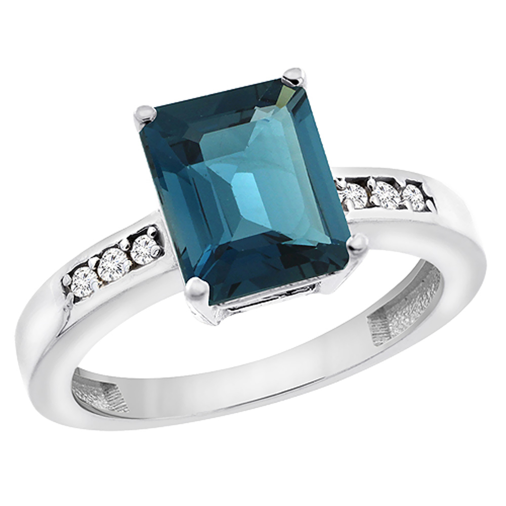 10K White Gold Natural London Blue Topaz Octagon 9x7 mm with Diamond Accents, sizes 5 - 10