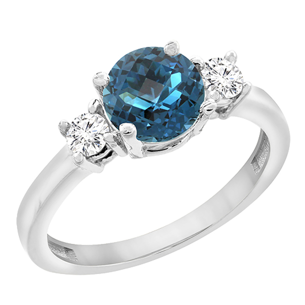 10K White Gold Diamond Natural London Blue Topaz Engagement Ring Round 7mm, sizes 5to10 w/half sizes