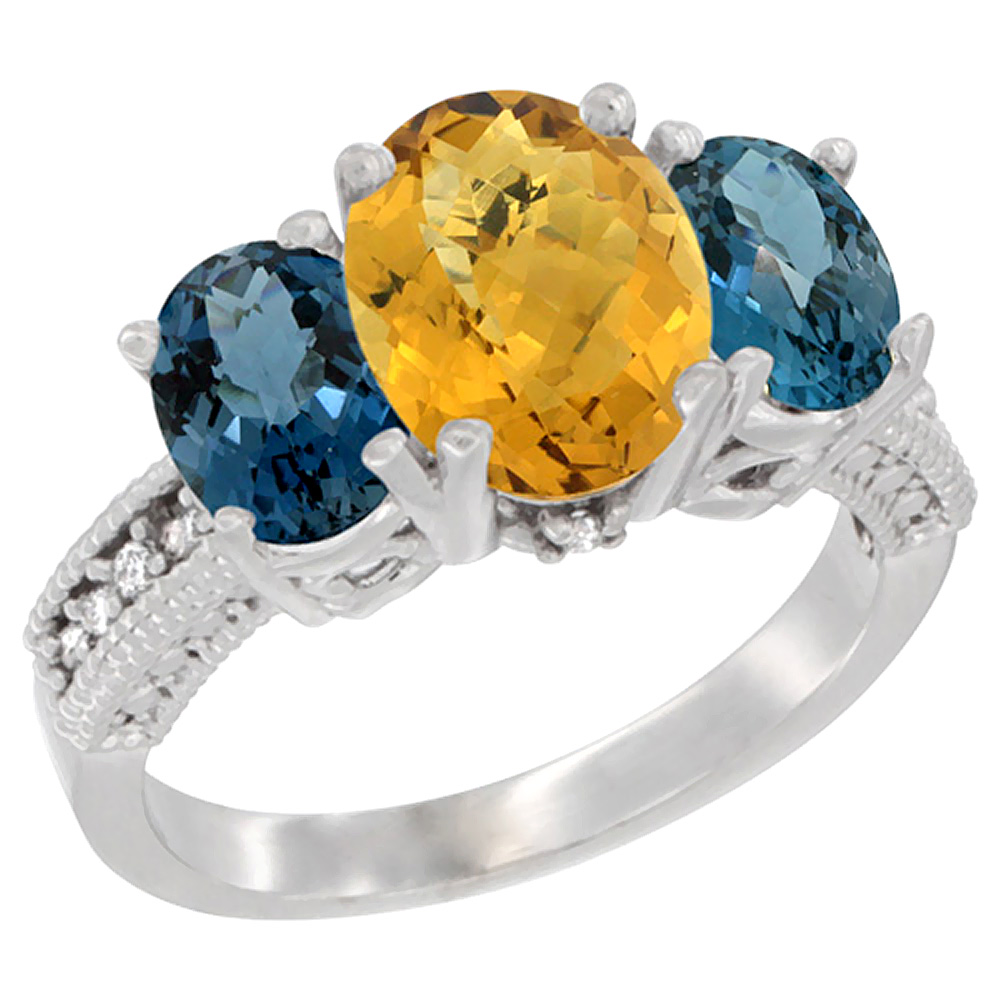 10K White Gold Diamond Natural Whisky Quartz Ring 3-Stone Oval 8x6mm with London Blue Topaz, sizes5-10