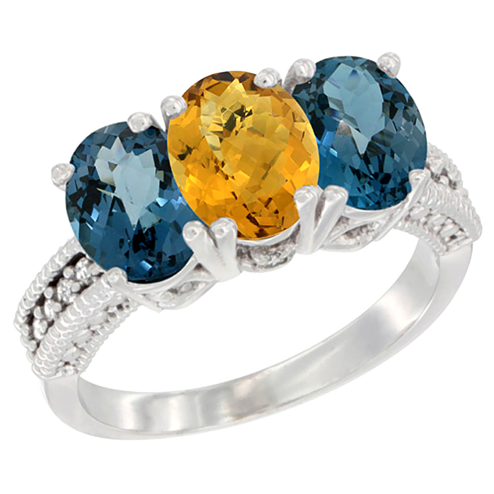 10K White Gold Natural Whisky Quartz & London Blue Topaz Sides Ring 3-Stone Oval 7x5 mm Diamond Accent, sizes 5 - 10