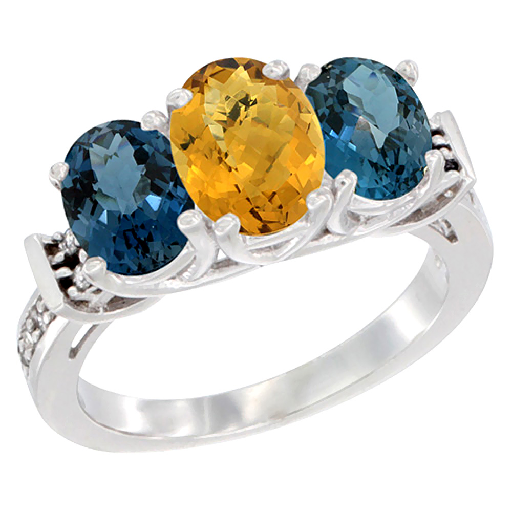 10K White Gold Natural Whisky Quartz & London Blue Topaz Sides Ring 3-Stone Oval Diamond Accent, sizes 5 - 10