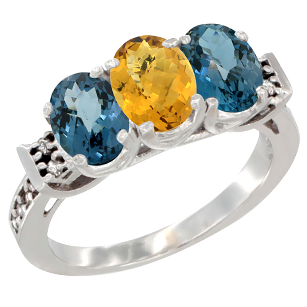 10K White Gold Natural Whisky Quartz & London Blue Topaz Sides Ring 3-Stone Oval 7x5 mm Diamond Accent, sizes 5 - 10