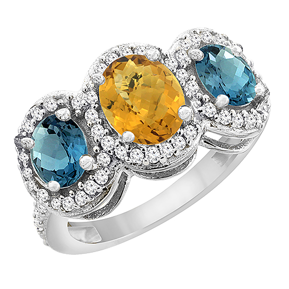 10K White Gold Natural Whisky Quartz & London Blue Topaz 3-Stone Ring Oval Diamond Accent, sizes 5 - 10