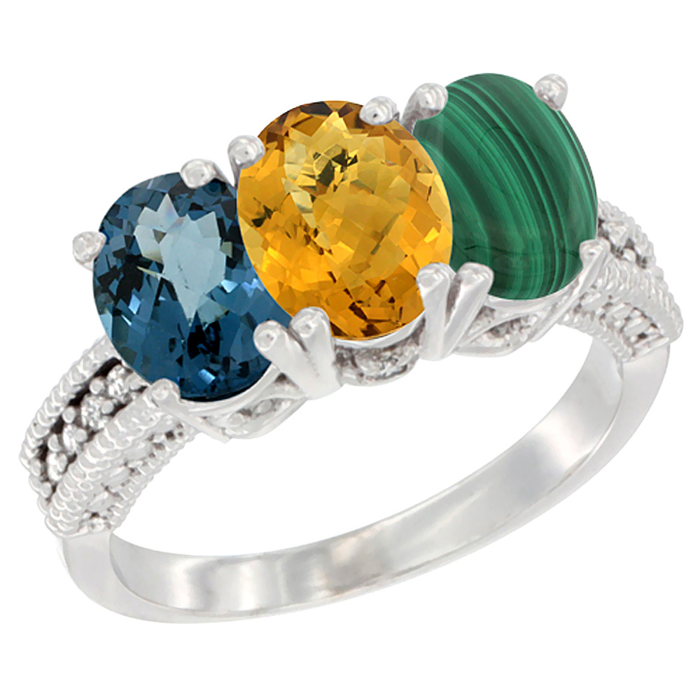 10K White Gold Natural London Blue Topaz, Whisky Quartz & Malachite Ring 3-Stone Oval 7x5 mm Diamond Accent, sizes 5 - 10