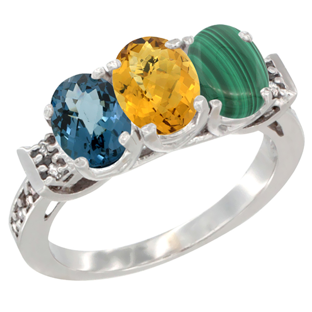 10K White Gold Natural London Blue Topaz, Whisky Quartz & Malachite Ring 3-Stone Oval 7x5 mm Diamond Accent, sizes 5 - 10