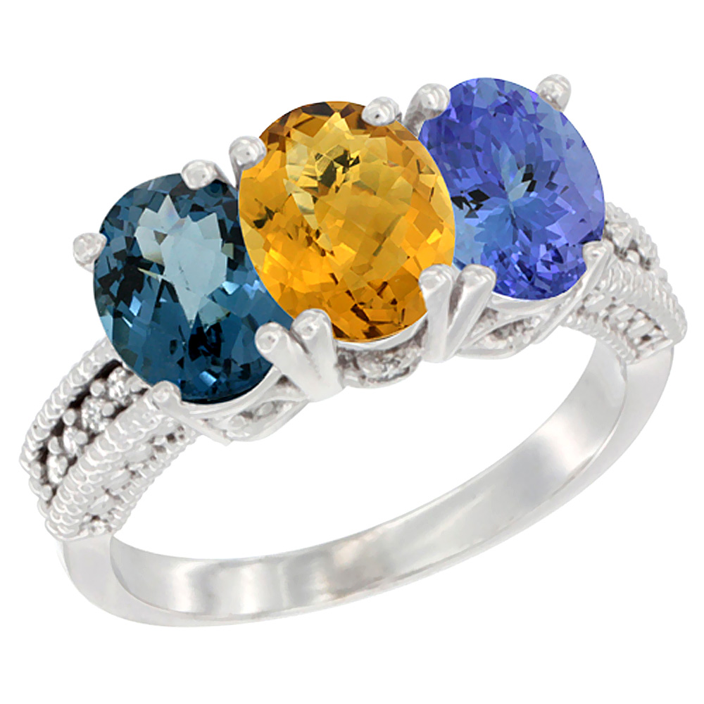 10K White Gold Natural London Blue Topaz, Whisky Quartz & Tanzanite Ring 3-Stone Oval 7x5 mm Diamond Accent, sizes 5 - 10