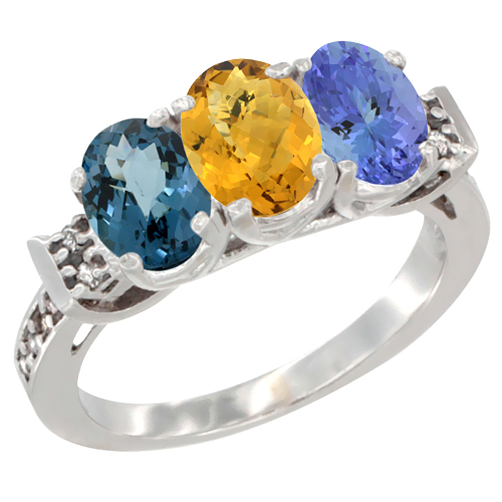 10K White Gold Natural London Blue Topaz, Whisky Quartz & Tanzanite Ring 3-Stone Oval 7x5 mm Diamond Accent, sizes 5 - 10