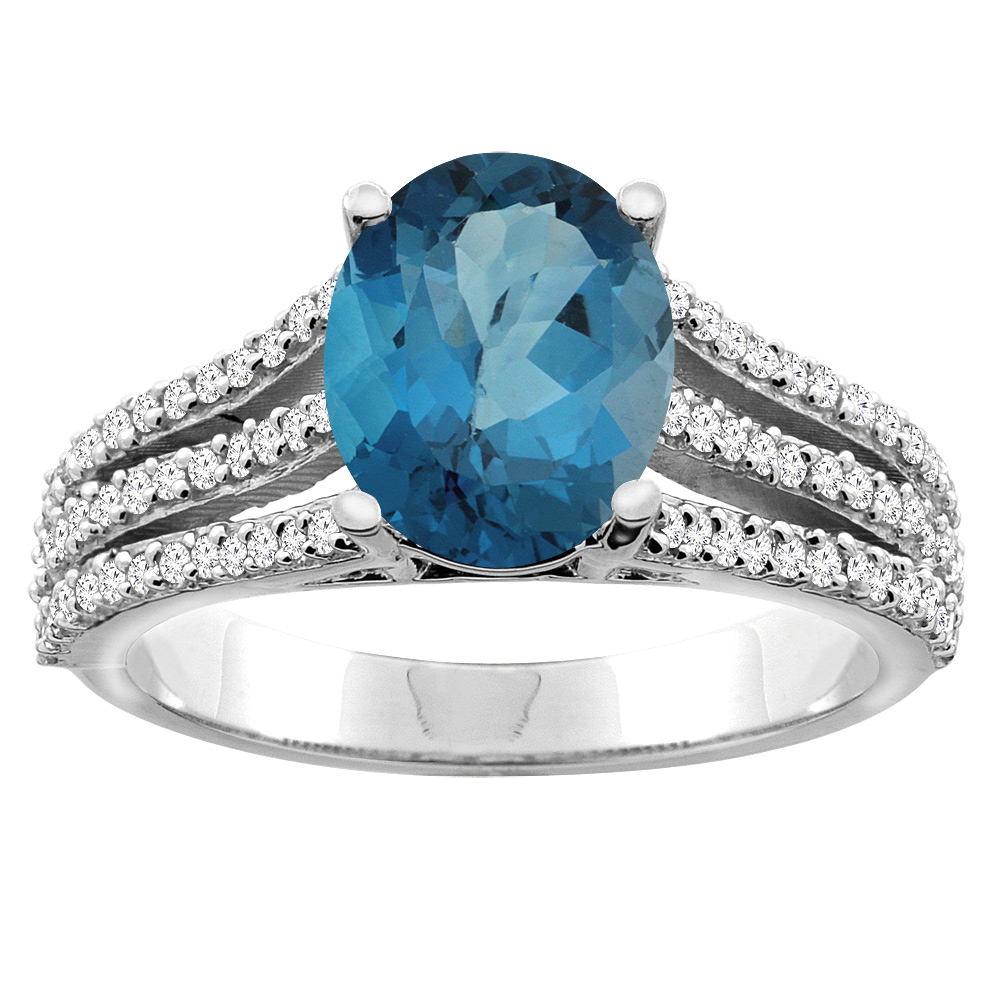 10K White/Yellow Gold Natural London Blue Topaz Tri-split Ring Cushion-cut 8x6mm Diamond Accents 5/16 inch wide, sizes 5 - 10