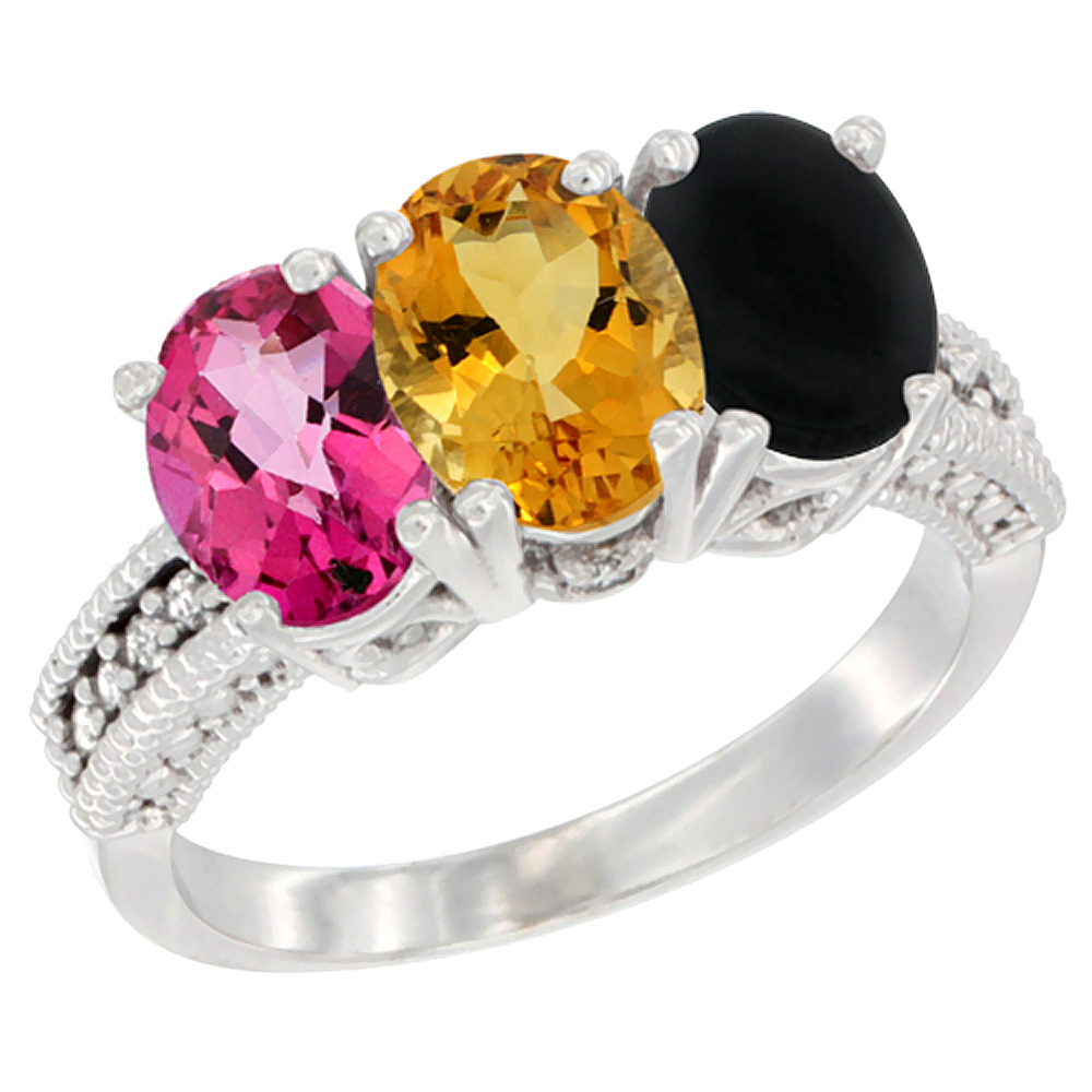 10K White Gold Natural Pink Topaz, Citrine & Black Onyx Ring 3-Stone Oval 7x5 mm Diamond Accent, sizes 5 - 10