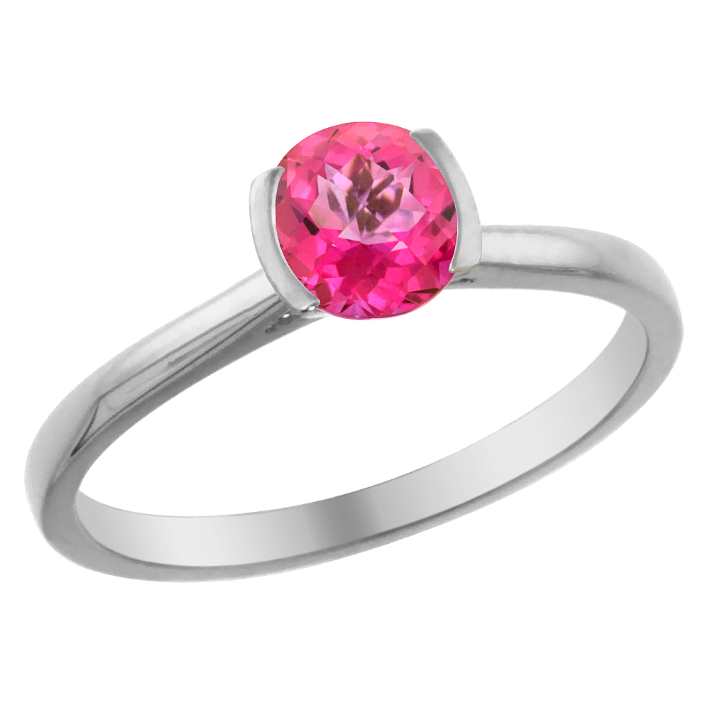 14K White Gold Natural Pink Topaz Solitaire Ring Round 5mm, sizes 5 - 10