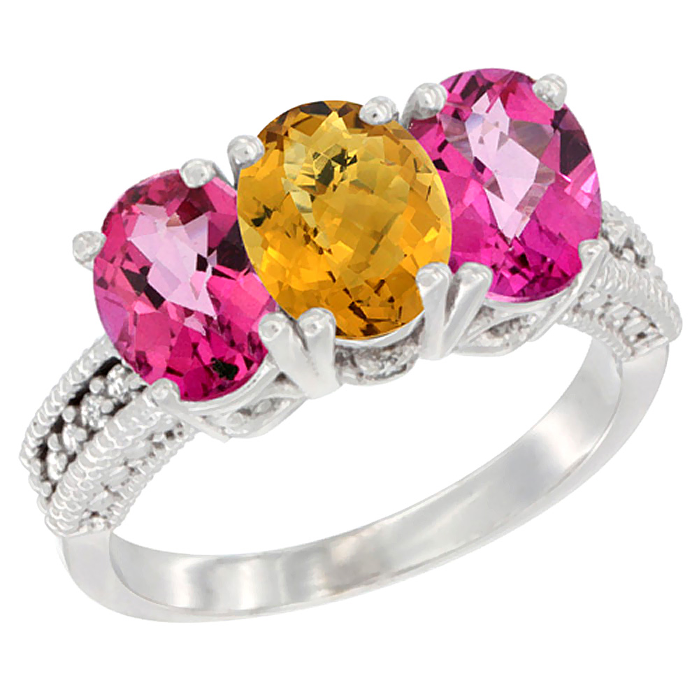 10K White Gold Natural Whisky Quartz & Pink Topaz Sides Ring 3-Stone Oval 7x5 mm Diamond Accent, sizes 5 - 10