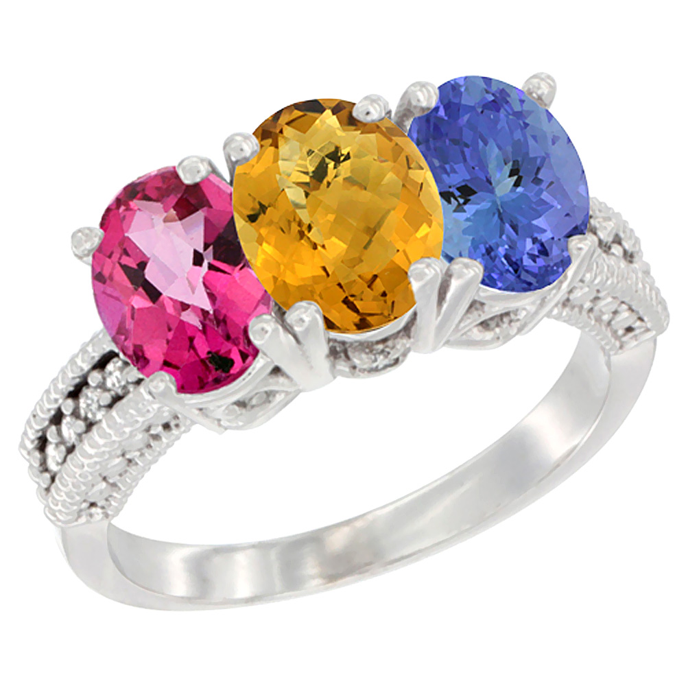 10K White Gold Natural Pink Topaz, Whisky Quartz & Tanzanite Ring 3-Stone Oval 7x5 mm Diamond Accent, sizes 5 - 10