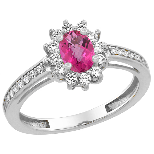 14K White Gold Natural Pink Topaz Flower Halo Ring Oval 6x4mm Diamond Accents, sizes 5 - 10