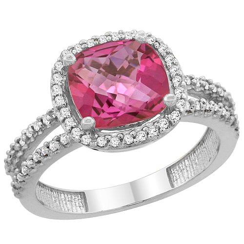 14K White Gold Natural Pink Topaz Ring Cushion-cut 8x8 mm 2-row Diamond Accents, sizes 5 - 10