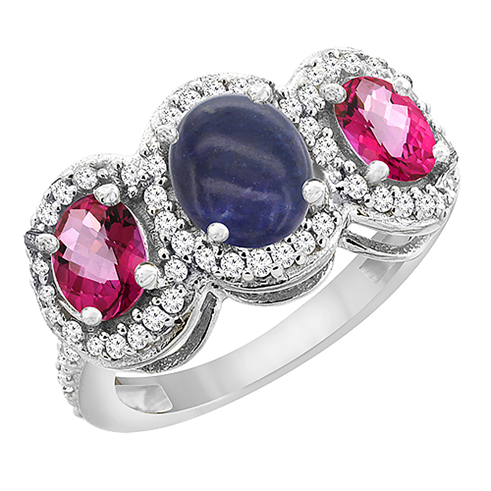 14K White Gold Natural Lapis & Pink Topaz 3-Stone Ring Oval Diamond Accent, sizes 5 - 10