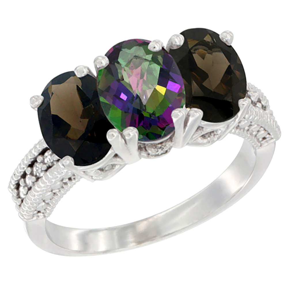 14K White Gold Natural Mystic Topaz & Smoky Topaz Ring 3-Stone 7x5 mm Oval Diamond Accent, sizes 5 - 10