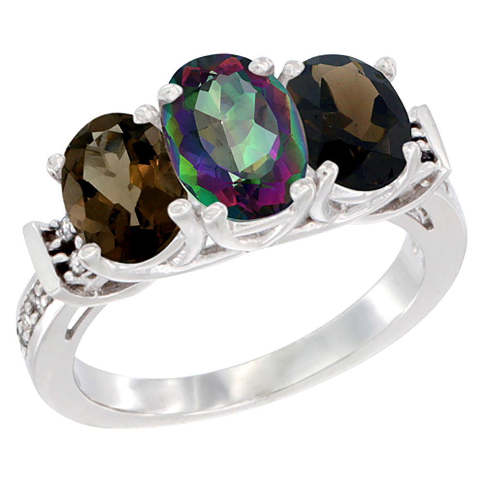 14K White Gold Natural Mystic Topaz & Smoky Topaz Sides Ring 3-Stone Oval Diamond Accent, sizes 5 - 10