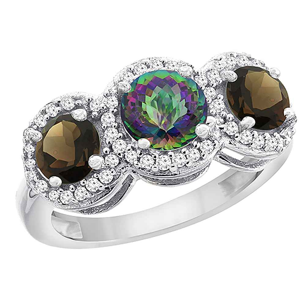 14K White Gold Natural Mystic Topaz & Smoky Topaz Sides Round 3-stone Ring Diamond Accents, sizes 5 - 10