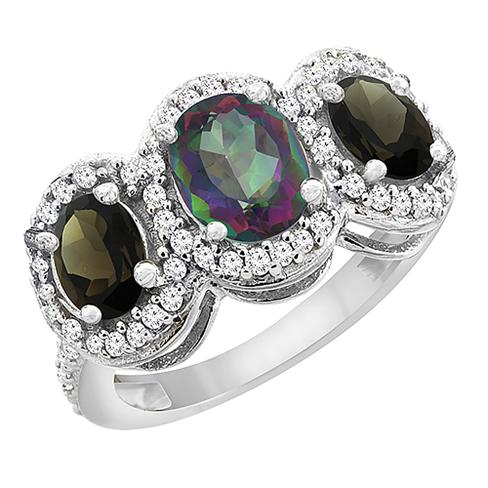 14K White Gold Natural Mystic Topaz & Smoky Topaz 3-Stone Ring Oval Diamond Accent, sizes 5 - 10
