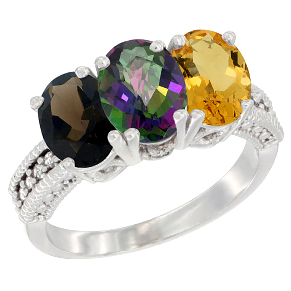 14K White Gold Natural Smoky Topaz, Mystic Topaz & Citrine Ring 3-Stone 7x5 mm Oval Diamond Accent, sizes 5 - 10