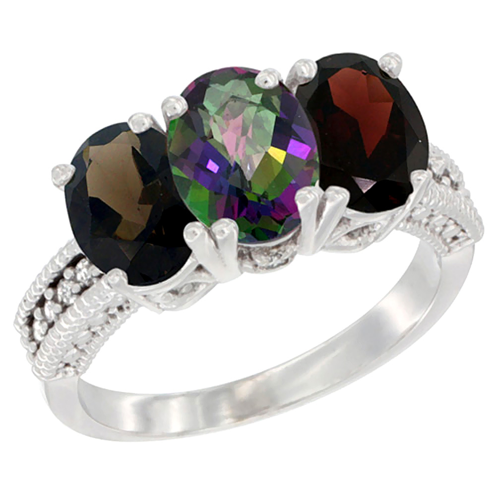 14K White Gold Natural Smoky Topaz, Mystic Topaz & Garnet Ring 3-Stone 7x5 mm Oval Diamond Accent, sizes 5 - 10