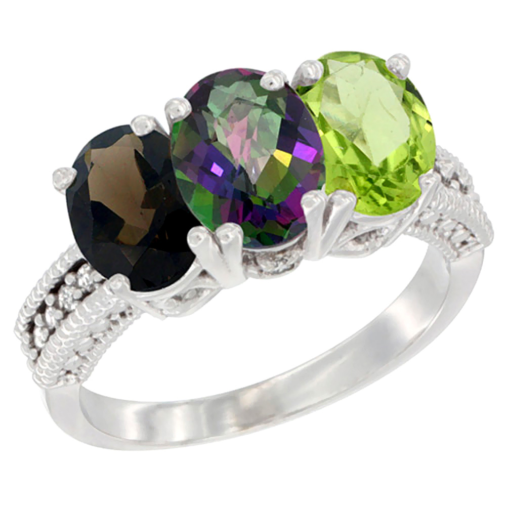 14K White Gold Natural Smoky Topaz, Mystic Topaz & Peridot Ring 3-Stone 7x5 mm Oval Diamond Accent, sizes 5 - 10