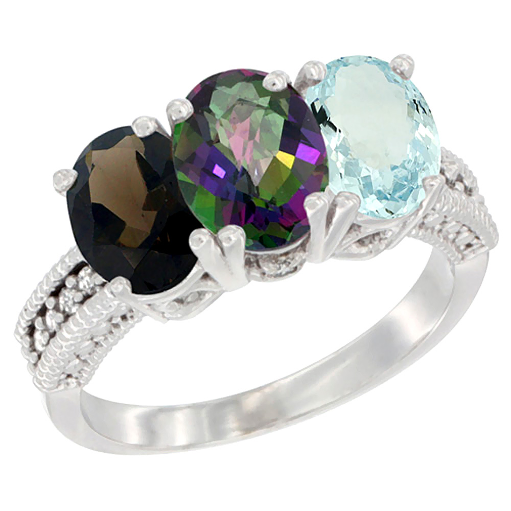 14K White Gold Natural Smoky Topaz, Mystic Topaz & Aquamarine Ring 3-Stone 7x5 mm Oval Diamond Accent, sizes 5 - 10