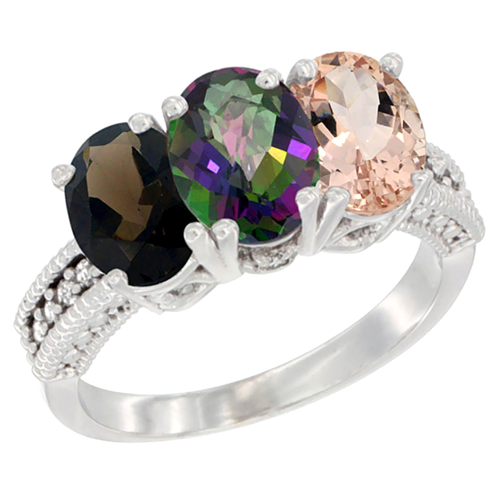 14K White Gold Natural Smoky Topaz, Mystic Topaz & Morganite Ring 3-Stone 7x5 mm Oval Diamond Accent, sizes 5 - 10