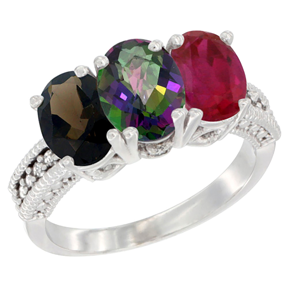 14K White Gold Natural Smoky Topaz, Mystic Topaz & Enhanced Ruby Ring 3-Stone 7x5 mm Oval Diamond Accent, sizes 5 - 10