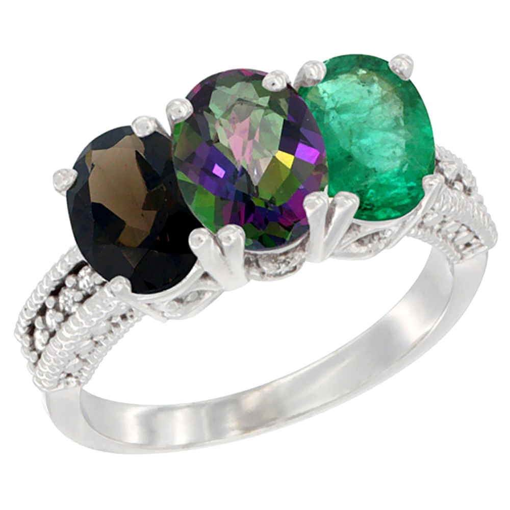 14K White Gold Natural Smoky Topaz, Mystic Topaz & Emerald Ring 3-Stone 7x5 mm Oval Diamond Accent, sizes 5 - 10