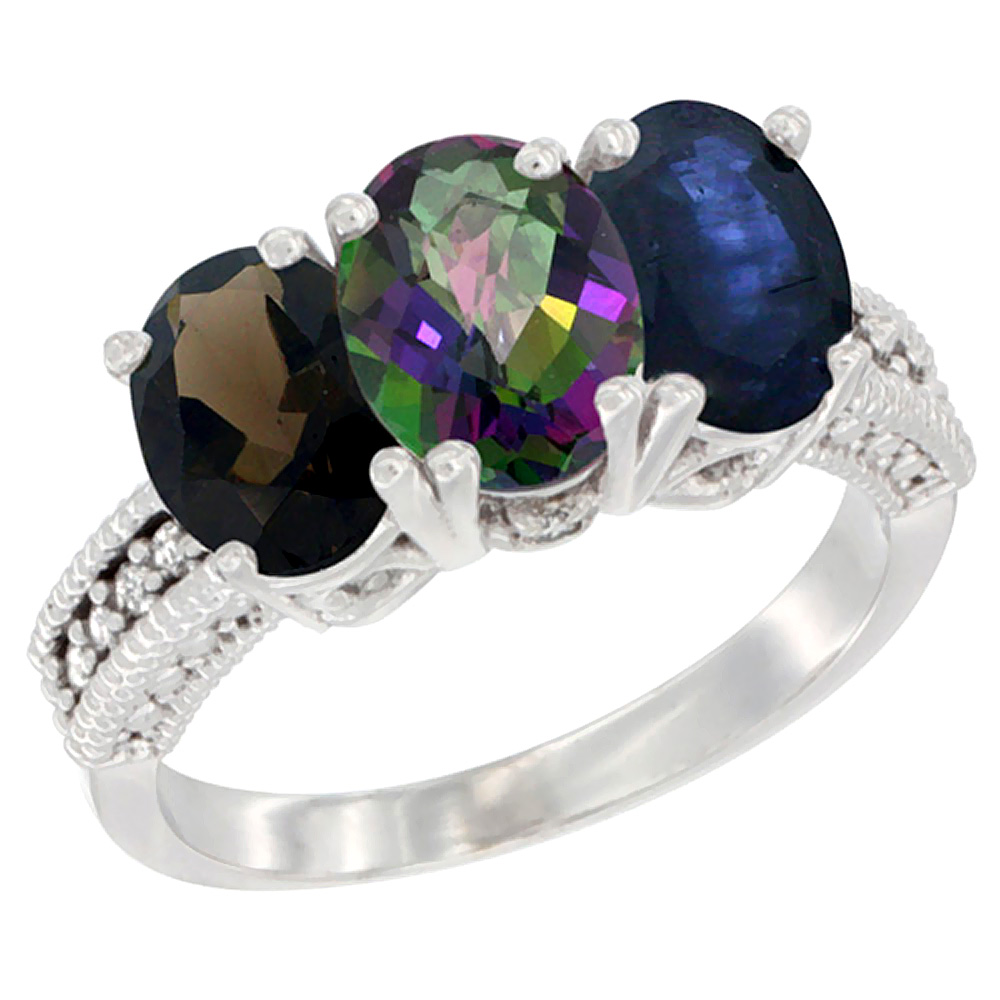 14K White Gold Natural Smoky Topaz, Mystic Topaz & Blue Sapphire Ring 3-Stone 7x5 mm Oval Diamond Accent, sizes 5 - 10
