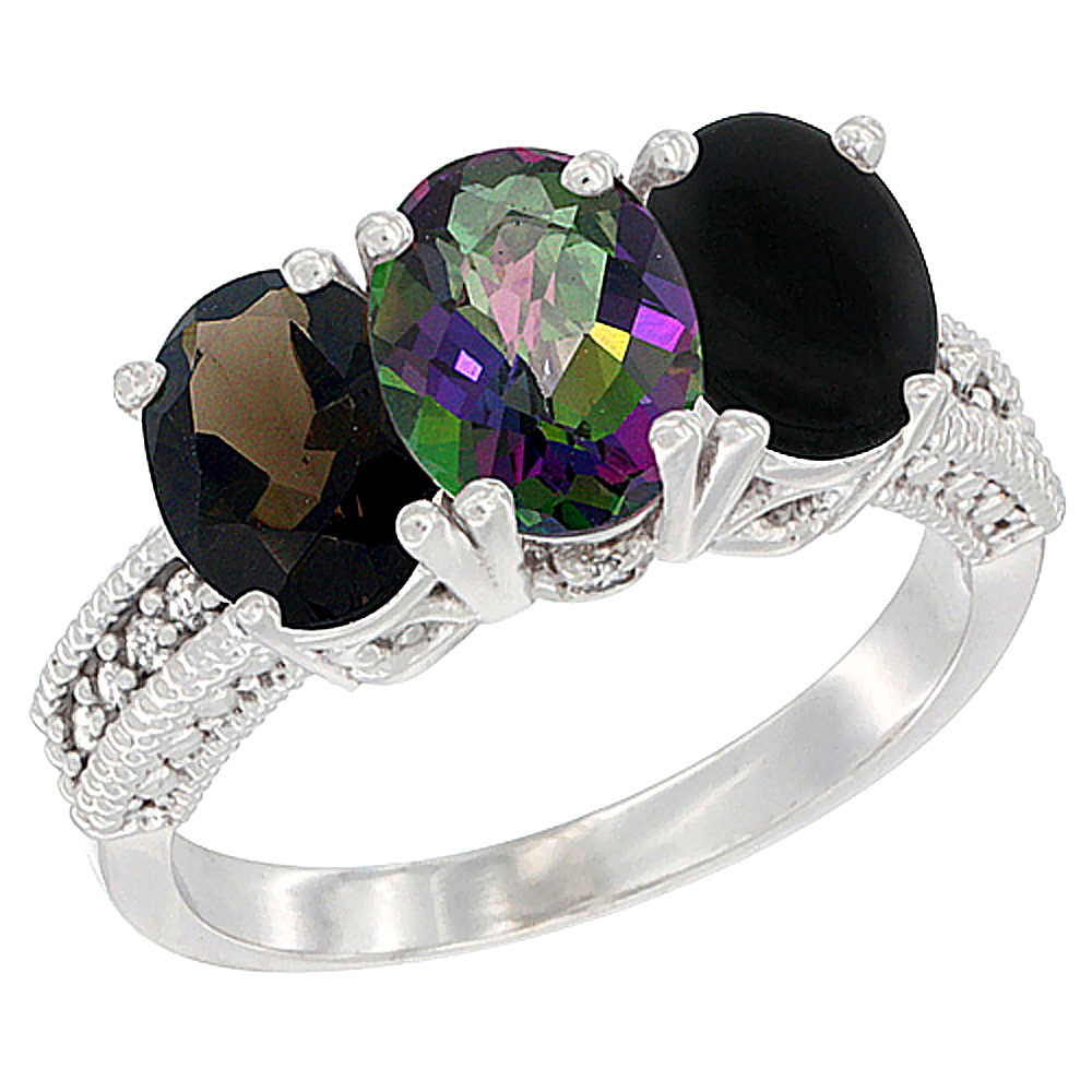 14K White Gold Natural Smoky Topaz, Mystic Topaz & Black Onyx Ring 3-Stone 7x5 mm Oval Diamond Accent, sizes 5 - 10