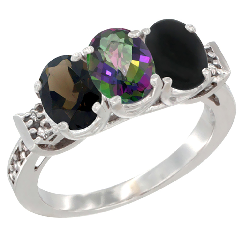 10K White Gold Natural Smoky Topaz, Mystic Topaz & Black Onyx Ring 3-Stone Oval 7x5 mm Diamond Accent, sizes 5 - 10