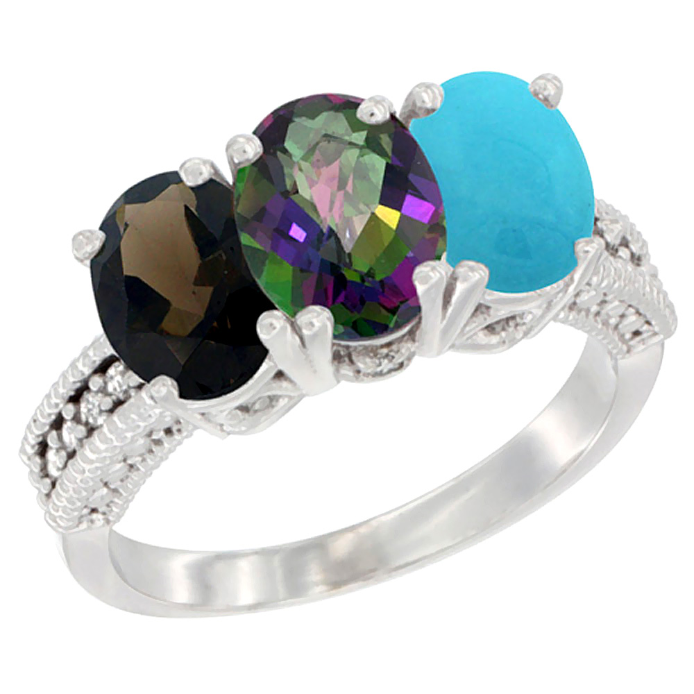 14K White Gold Natural Smoky Topaz, Mystic Topaz & Turquoise Ring 3-Stone 7x5 mm Oval Diamond Accent, sizes 5 - 10