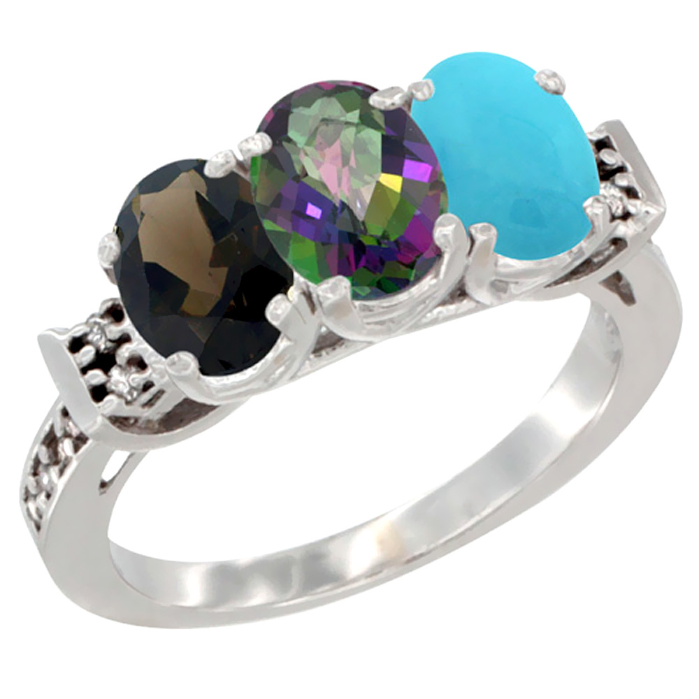 10K White Gold Natural Smoky Topaz, Mystic Topaz & Turquoise Ring 3-Stone Oval 7x5 mm Diamond Accent, sizes 5 - 10