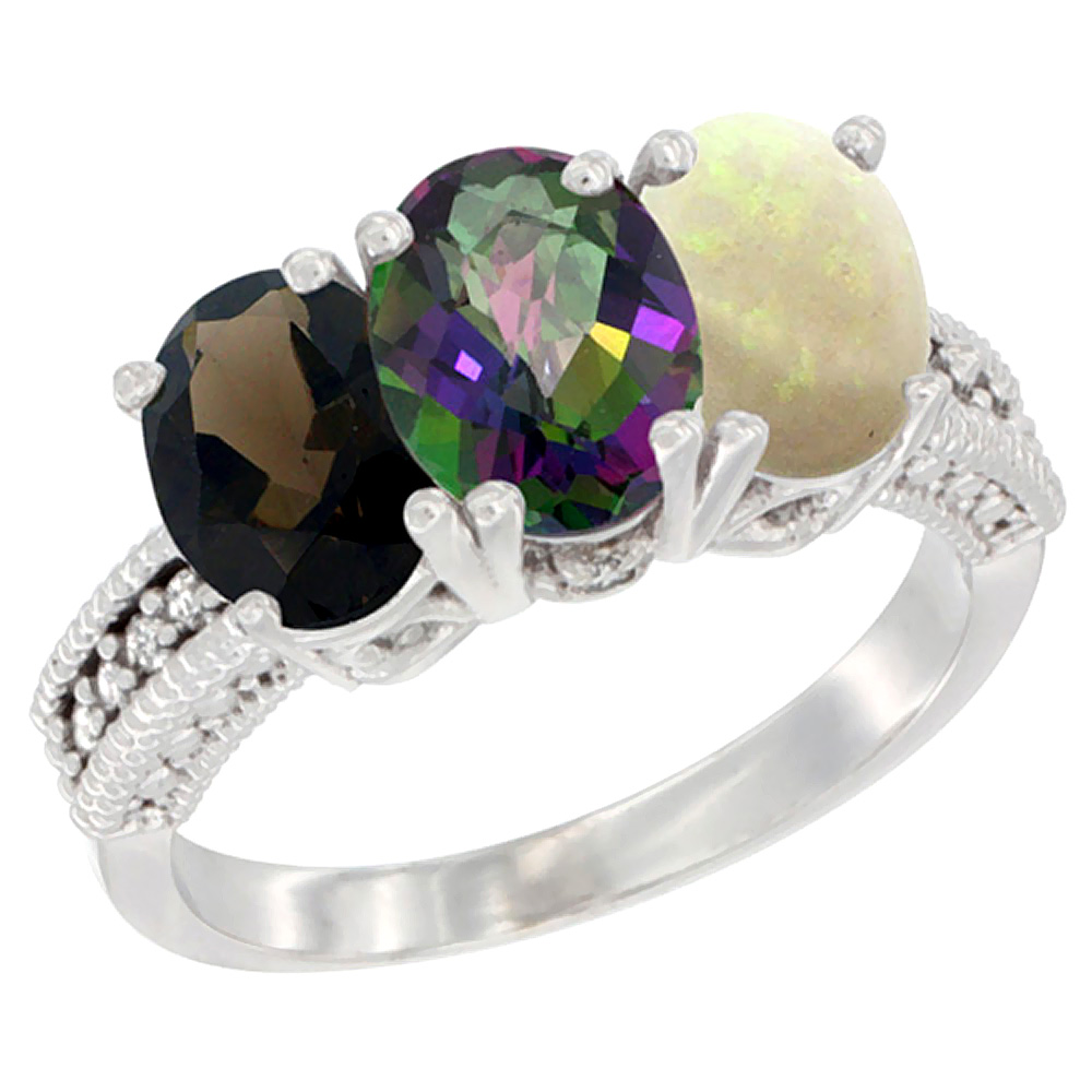 14K White Gold Natural Smoky Topaz, Mystic Topaz & Opal Ring 3-Stone 7x5 mm Oval Diamond Accent, sizes 5 - 10