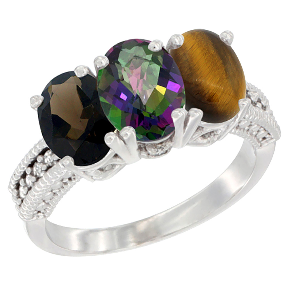 14K White Gold Natural Smoky Topaz, Mystic Topaz & Tiger Eye Ring 3-Stone 7x5 mm Oval Diamond Accent, sizes 5 - 10