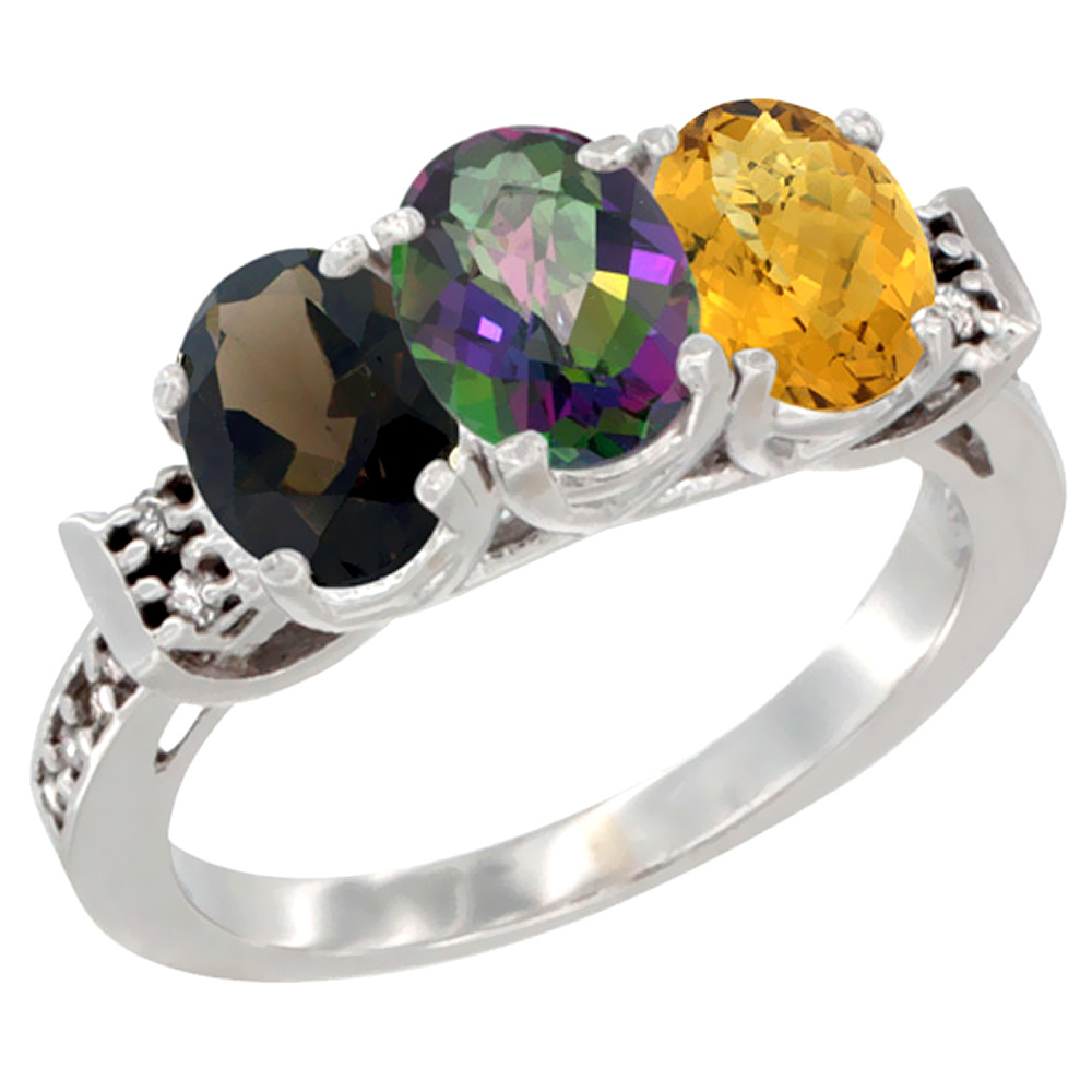 10K White Gold Natural Smoky Topaz, Mystic Topaz & Whisky Quartz Ring 3-Stone Oval 7x5 mm Diamond Accent, sizes 5 - 10