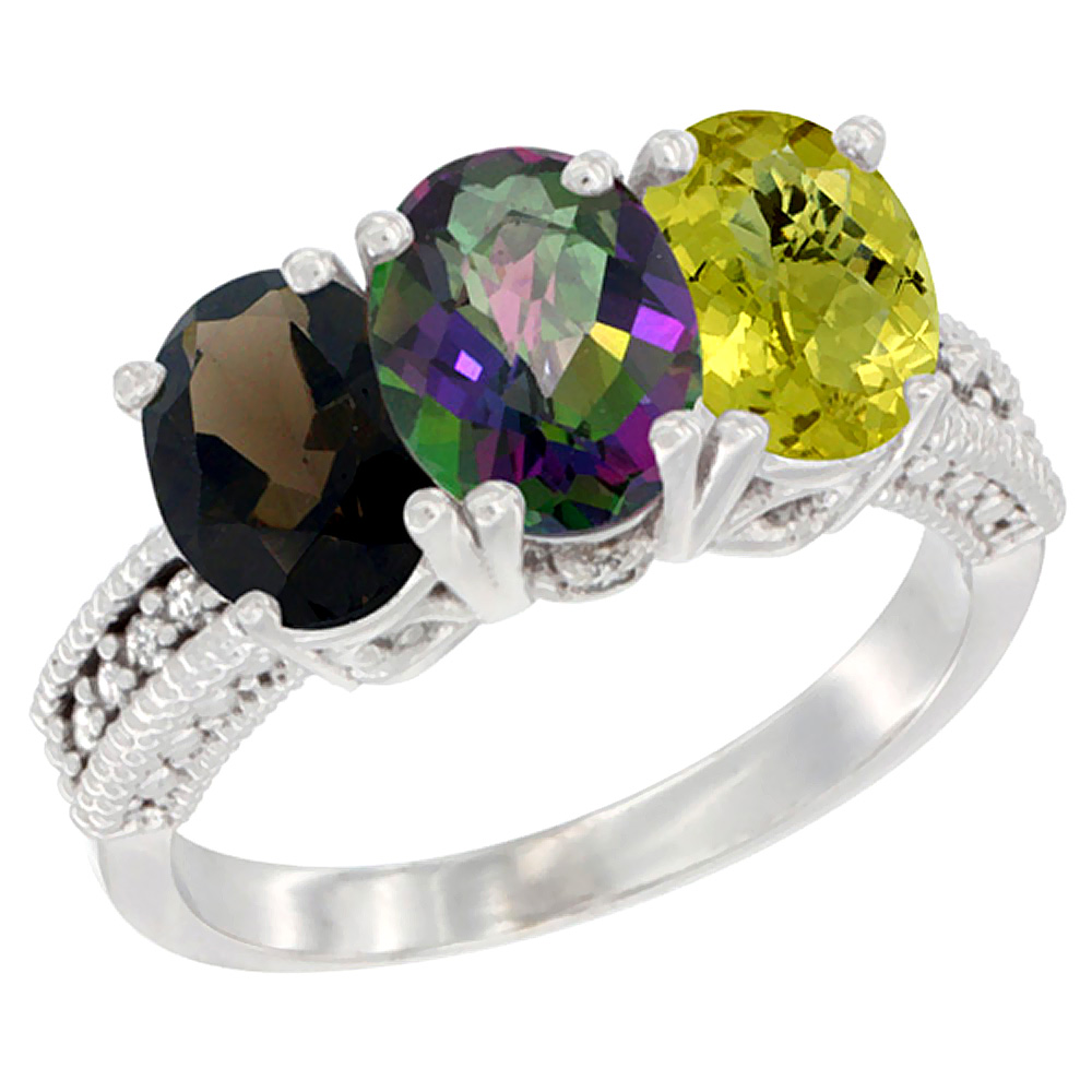 14K White Gold Natural Smoky Topaz, Mystic Topaz & Lemon Quartz Ring 3-Stone 7x5 mm Oval Diamond Accent, sizes 5 - 10