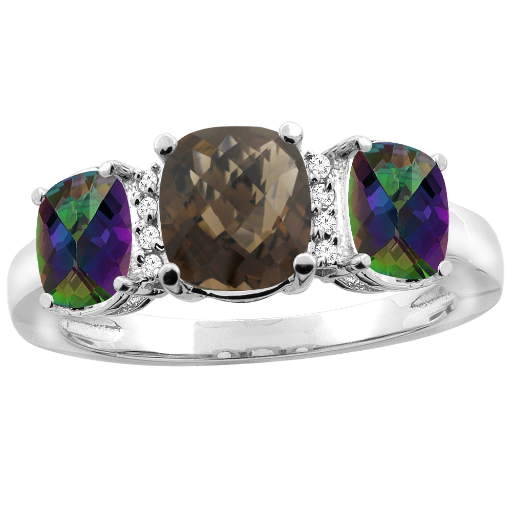14K White Gold Natural Smoky Topaz & Mystic Topaz 3-stone Ring Cushion 8x6mm Diamond Accent, sizes 5 - 10