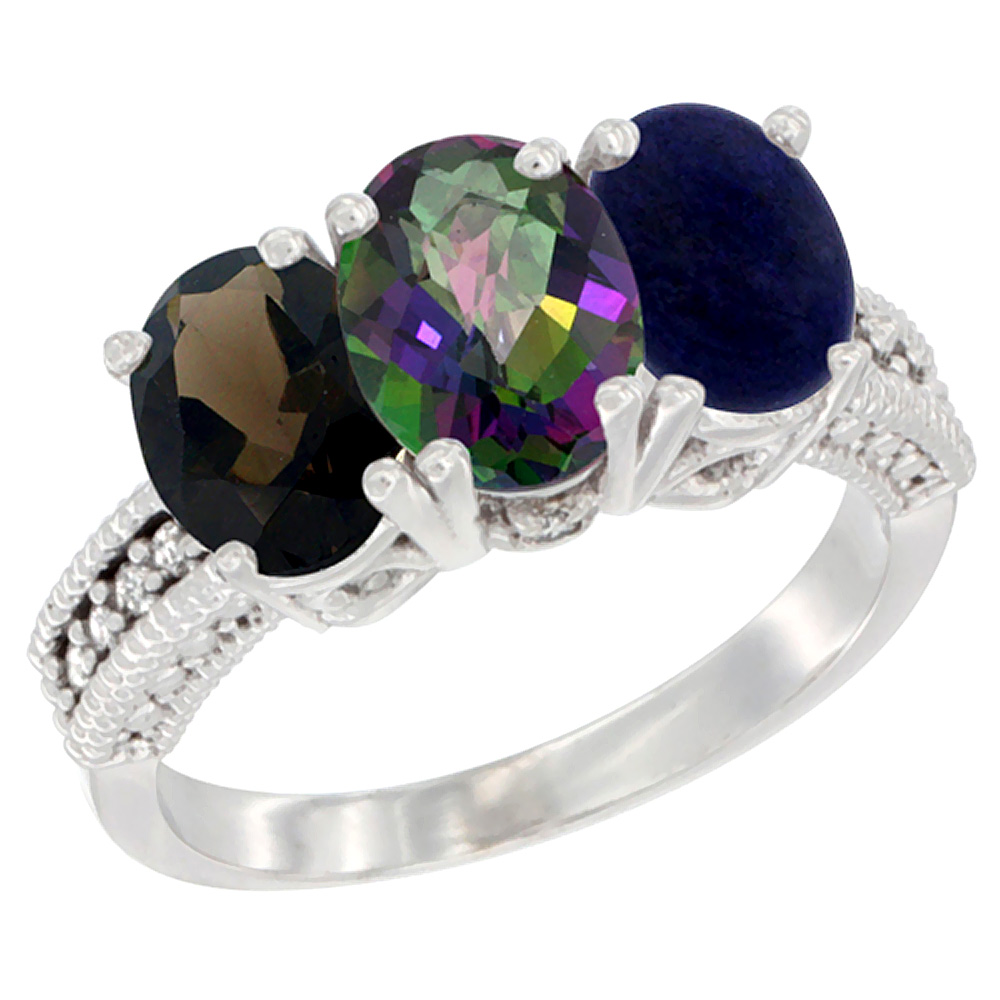 14K White Gold Natural Smoky Topaz, Mystic Topaz & Lapis Ring 3-Stone 7x5 mm Oval Diamond Accent, sizes 5 - 10