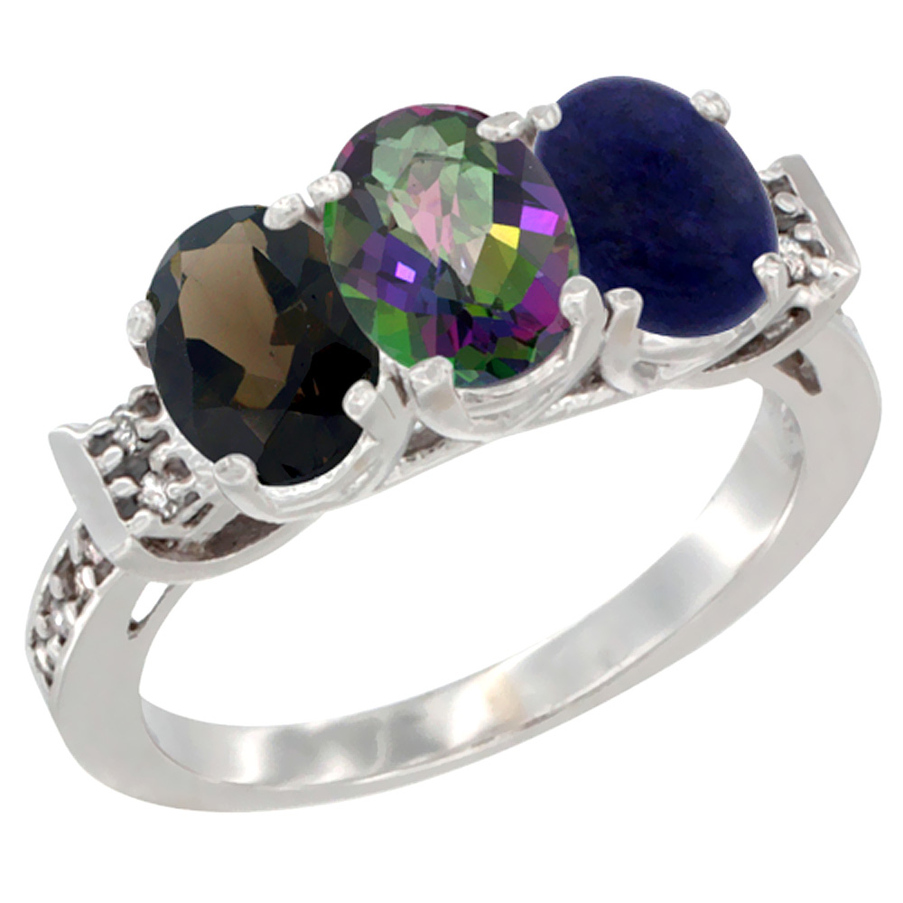 10K White Gold Natural Smoky Topaz, Mystic Topaz & Lapis Ring 3-Stone Oval 7x5 mm Diamond Accent, sizes 5 - 10