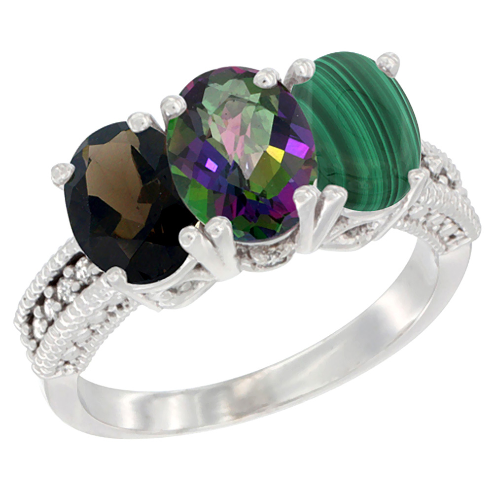 14K White Gold Natural Smoky Topaz, Mystic Topaz & Malachite Ring 3-Stone 7x5 mm Oval Diamond Accent, sizes 5 - 10