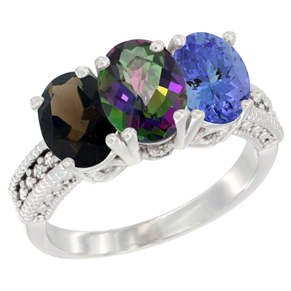 14K White Gold Natural Smoky Topaz, Mystic Topaz & Tanzanite Ring 3-Stone 7x5 mm Oval Diamond Accent, sizes 5 - 10